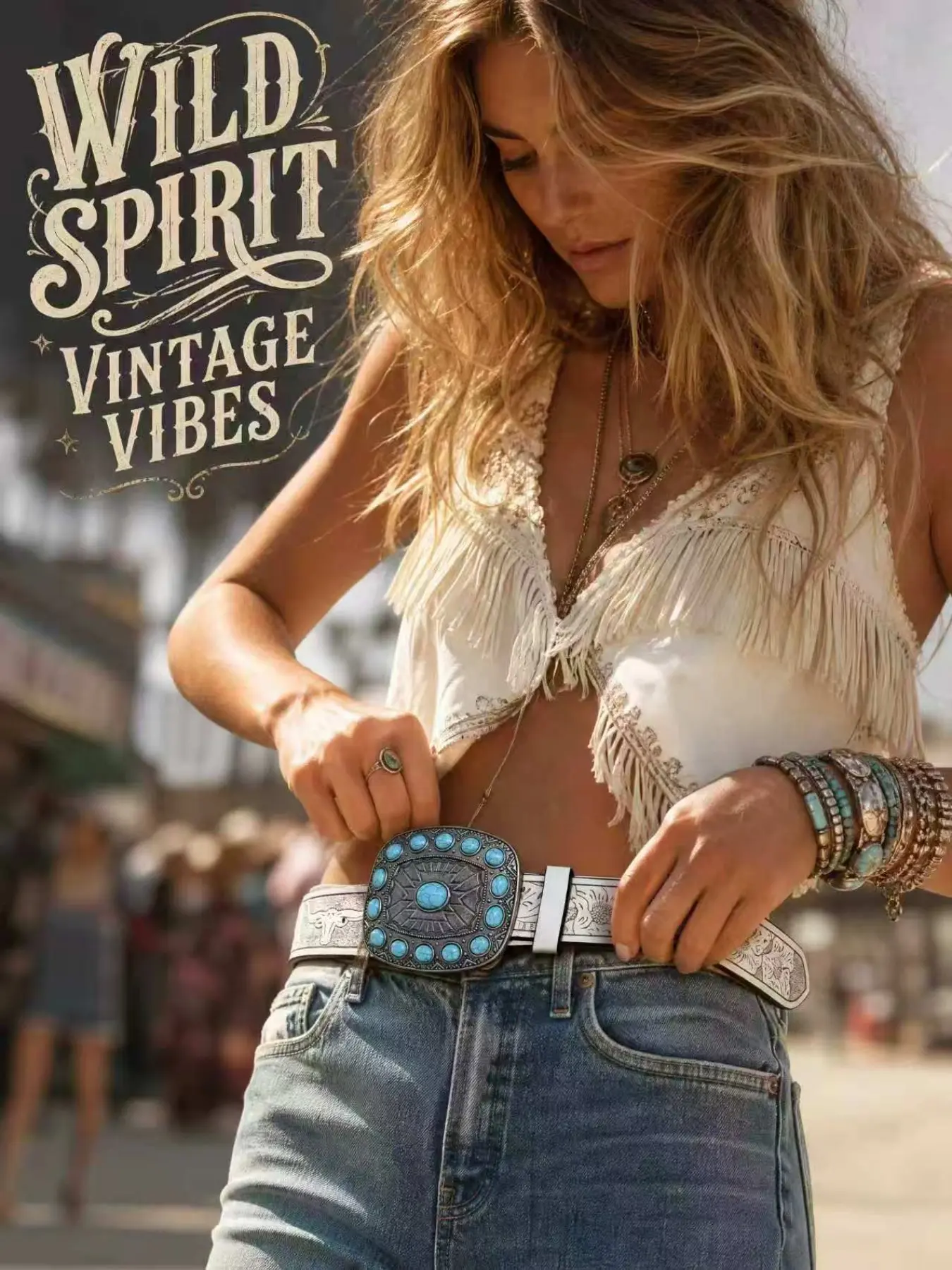 Western Style Bull Head Floral PU Belt, Vintage Distressed Square Turquoise Inlaid Alloy Buckle, Unisex Denim Fashion Waistband