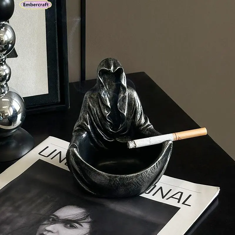 Black Epoxy Resin Ashtray for Men, Sturdy Contemporary Tabletop Decor for Office Desk, Home & Living Room Accessories, Decorative Ornaments