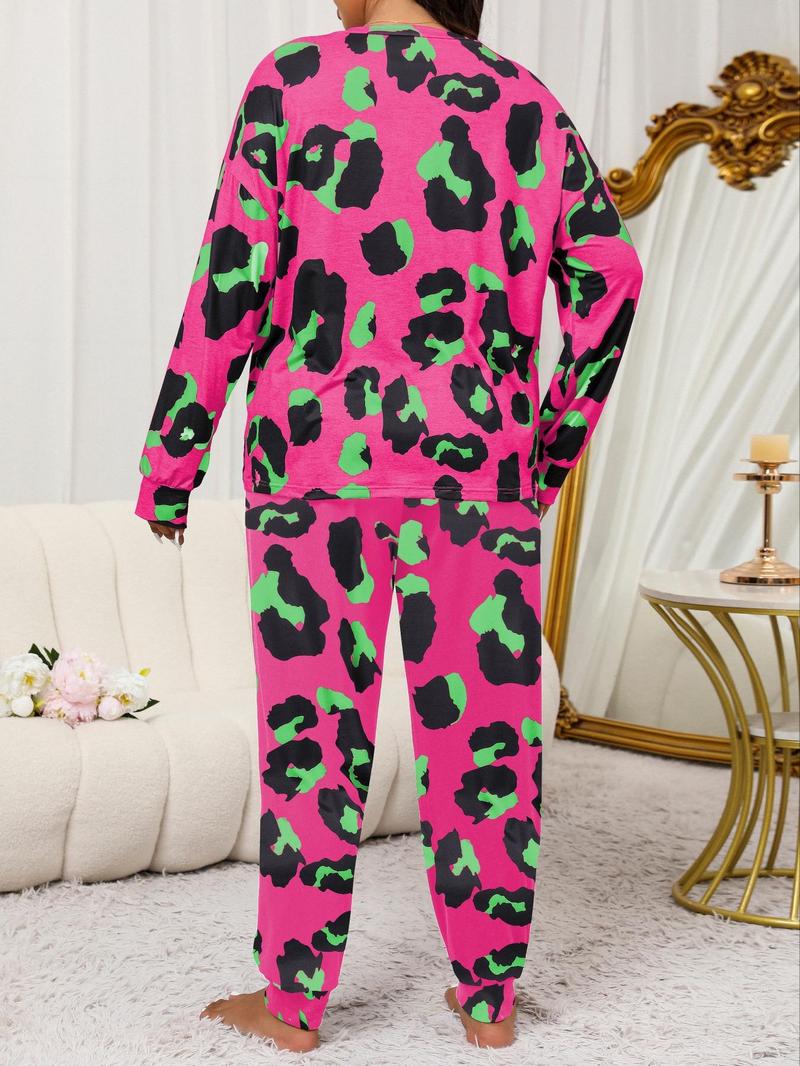 2 Piece Set Plus Size Leopard Print Pyjama Set, Casual Long Sleeves Drop Shoulder Tee & Plain Pants Set for Women, Women's Sleepwear for Spring & Fall,  Pyjamas for Women, Pajama Set