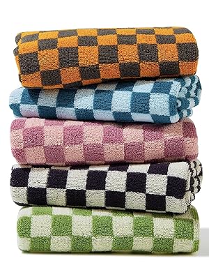 Hand Towels 5 Pack Cotton Face Towels Soft, Absorbent, and Decorative Checkered Design for Bathroom, Kitchen, Gym, and Spa 13 x 29 Inches for Any Occasion