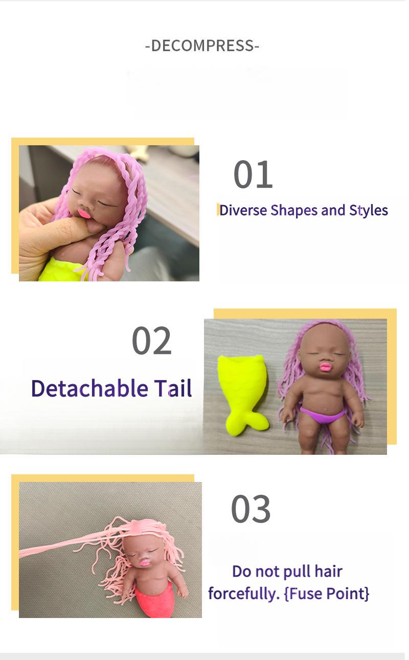 "Ugly-Cute" Long-Haired Mermaid Princess Stress Relief Toy - Black Soft-Gel Squeezable Palm-Sized Doll