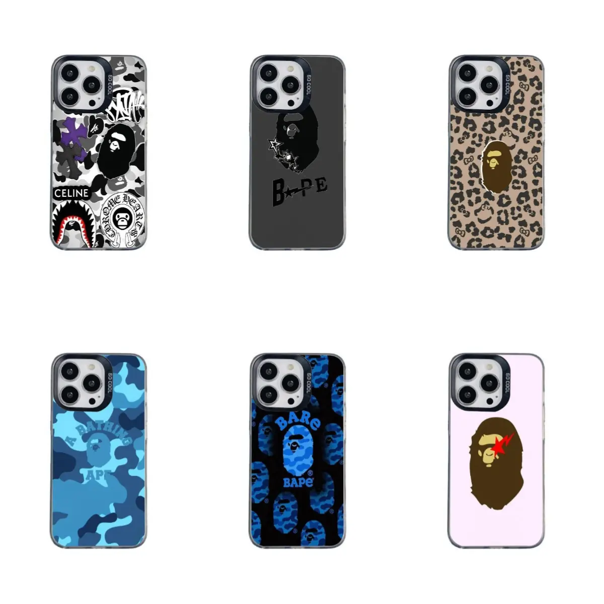 Trendy bape ape-head motif iridescent silver phone case—compatible with iPhone 12–17 and Samsung S22–S26 series. A premium, niche-style, full-coverage, drop-resistant case; the perfect gift choice.