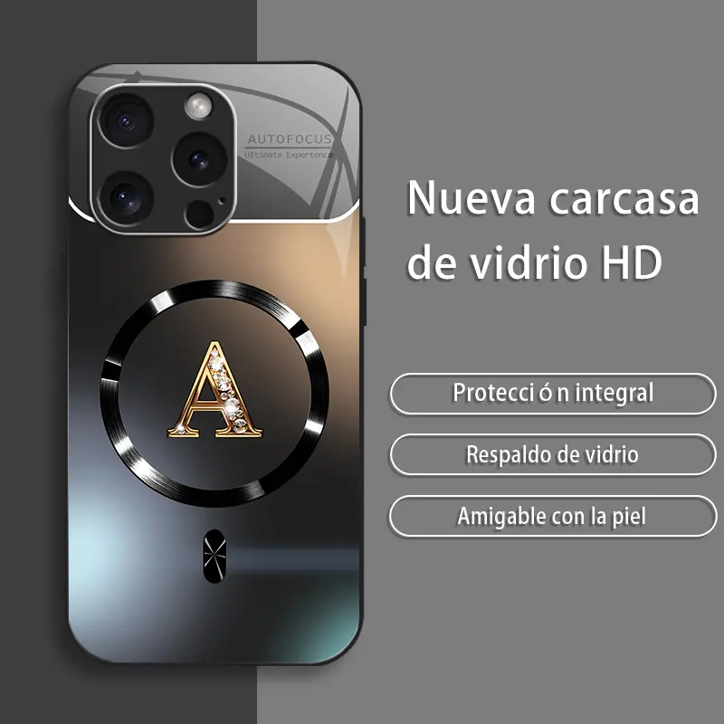 Quiet Luxury custom gold rhinestone initial letter MagSafe magnetic glass phone case gradient black/gray electroplated glossy shockproof minimalist aesthetic cover compatible with iPhone 16 Pro Max—9435