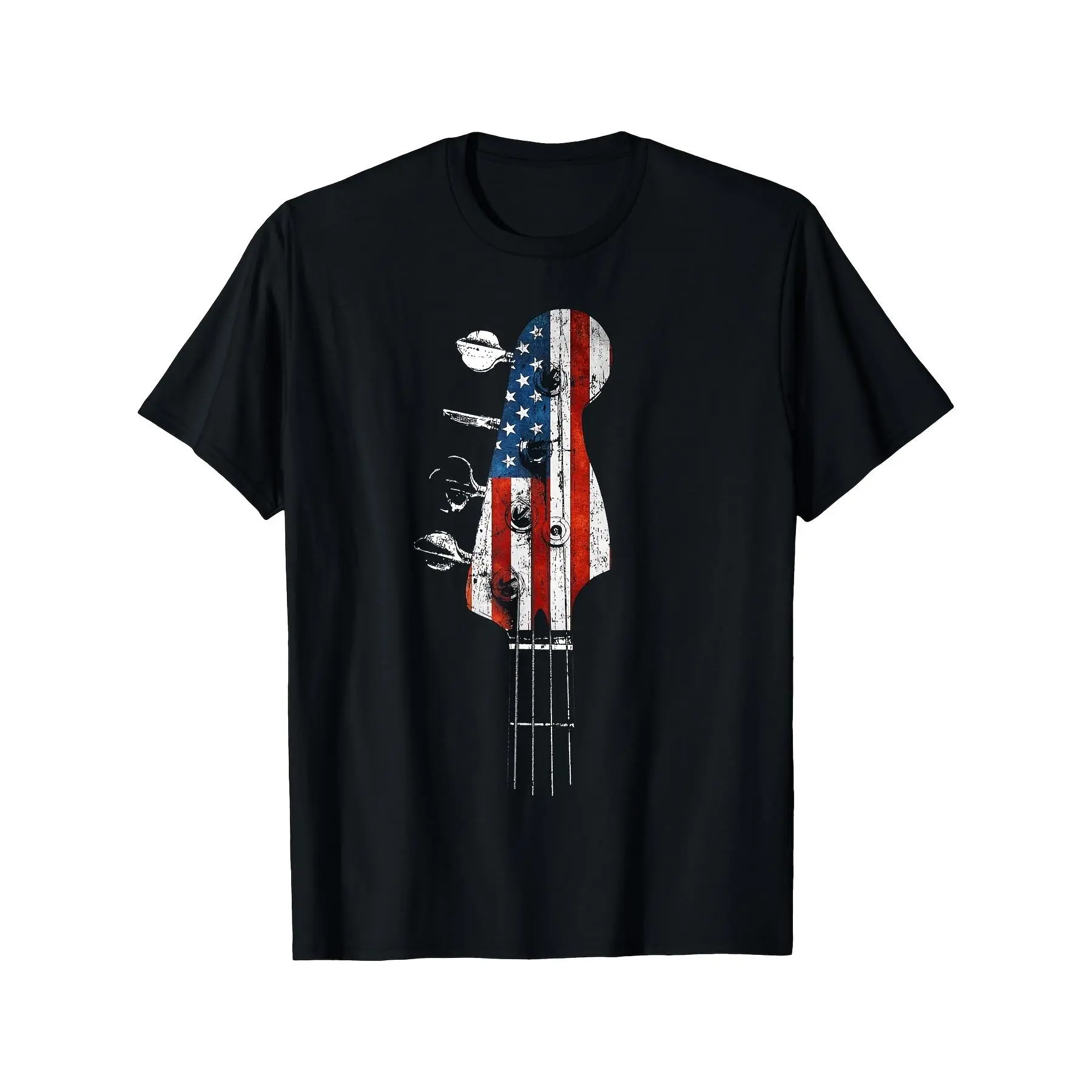 Men's Casual T-Shirt with Guitar USA Flag Print, Short Sleeve Round Neck, 100% Cotton with Slight Stretch, Regular Fit - Plus Size