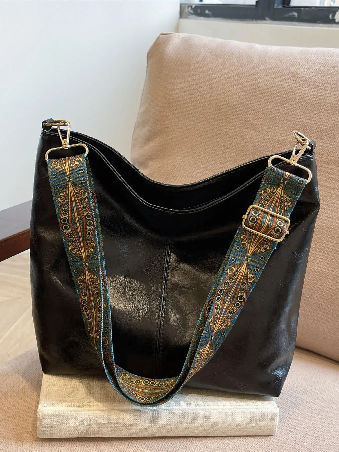 Boho Style Wide Strap Women's Tote Bag, Large Capacity Commuter Shoulder Bag, Vintage Fashion Casual Crossbody Bag for Daily Use