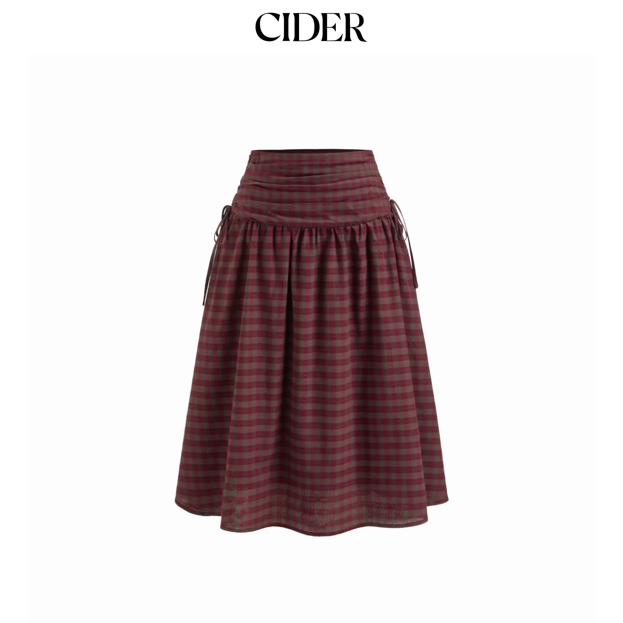 Cider Cotton Mid Rise Plaid Bowknot Ruched Midi Skirt