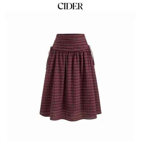 Cider Cotton Mid Rise Plaid Bowknot Ruched Midi Skirt