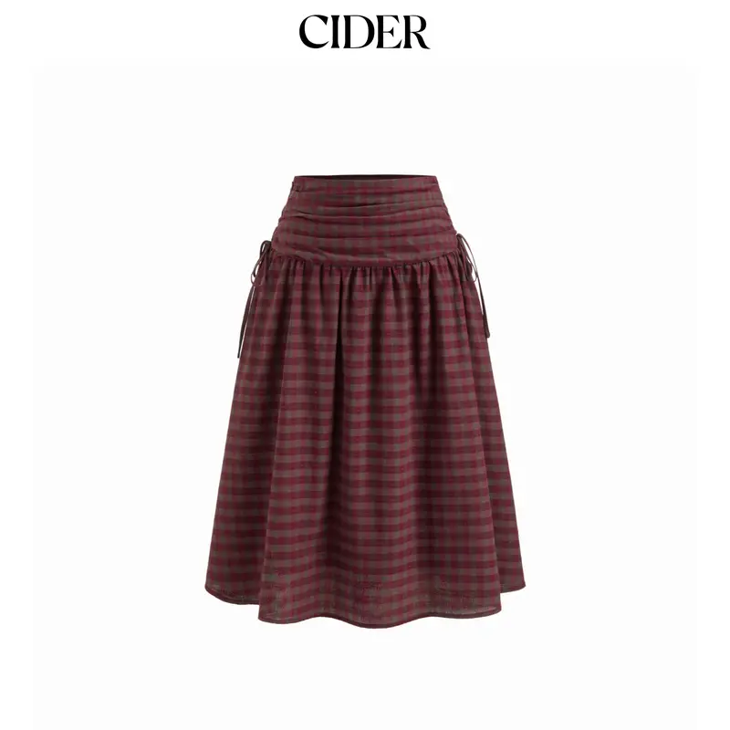 Cider Cotton Mid Rise Plaid Bowknot Ruched Midi Skirt