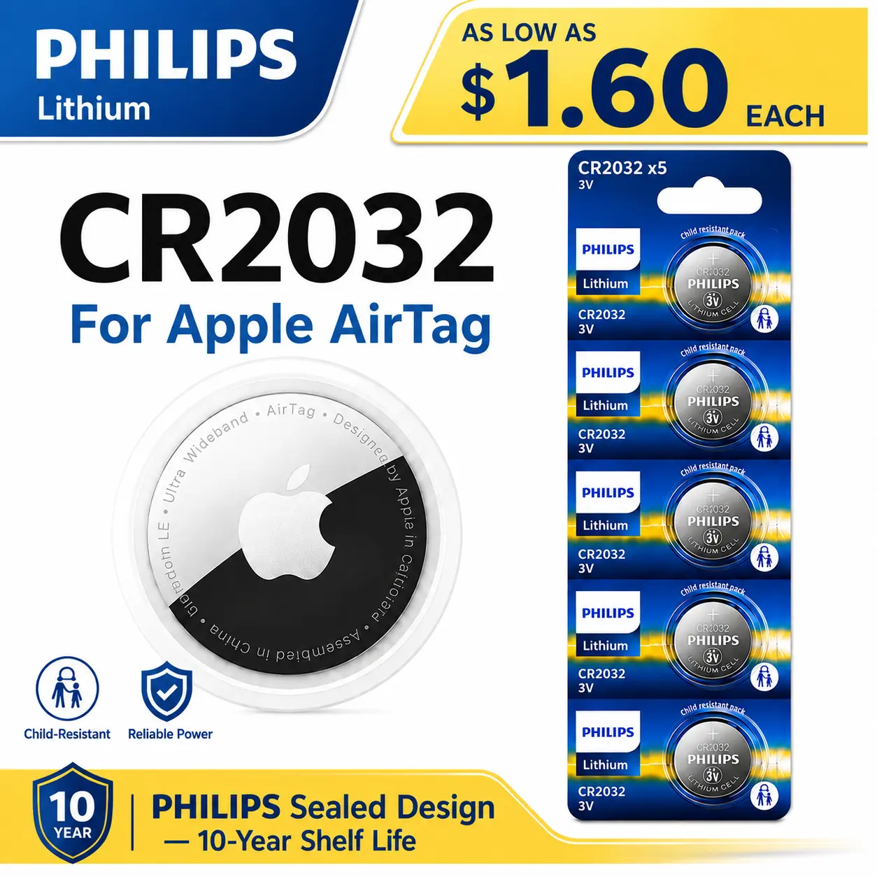 PHILIPS Limited-Time Deal [AirTag Battery] CR2032 3V Lithium Coin Batteries for Apple AirTag, Long-Lasting Power, 10-Year Shelf Life, Child-Resistant Packaging, AirTag Replacement Battery, CR2032 Battery, Coin Cell Battery, Tracker Battery