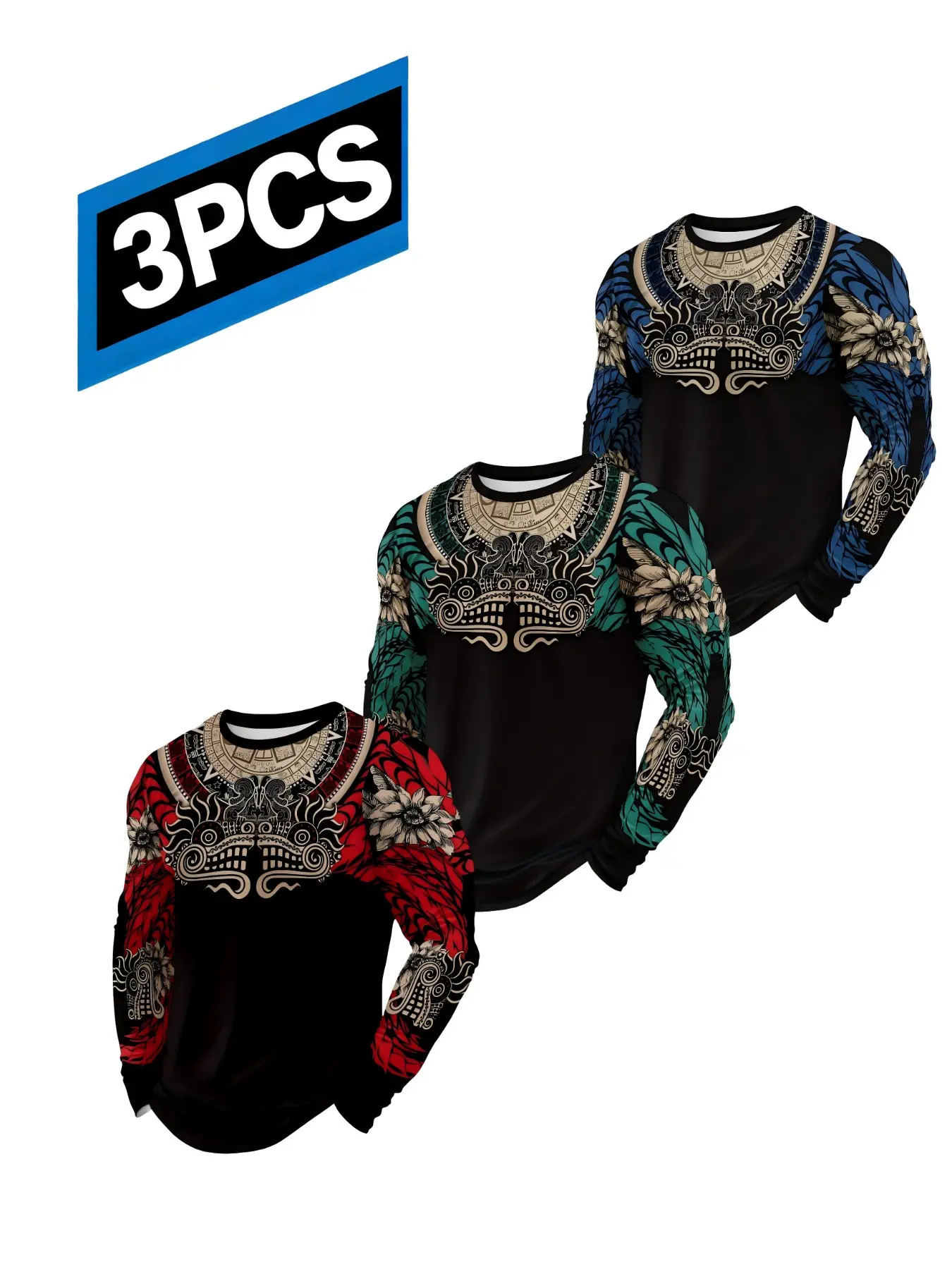 Three-Pack Maya Totem Ethnic Long Sleeve T-Shirts for Men, Vintage Aztec Print Casual Round Neck Top, Spring & Fall Fashion