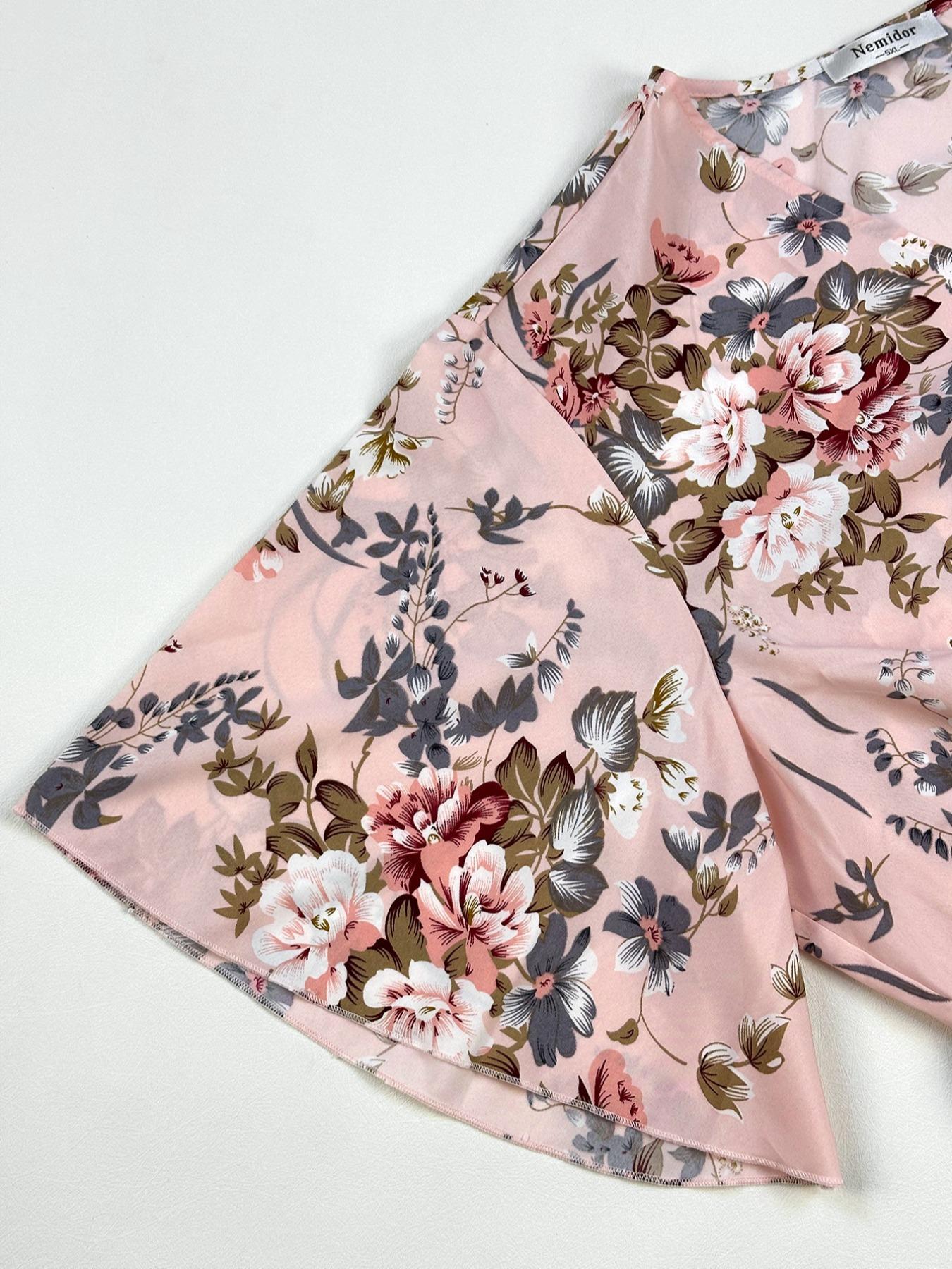 Plus Size Floral Print Ruffle Hem Belted Wrap A Line Dress, Boho Butterfly Sleeve V Neck High Low Midi Dress, Women Casual Clothing for Spring & Fall