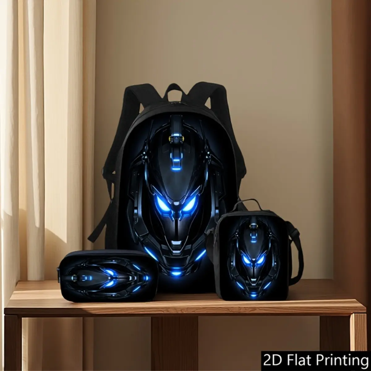 3pcs Modest Chic Sci-Fi Future Warrior Bag Set - Black Metallic Texture, Blue Glowing Eyes Lighting, Anti-Theft Multi-Function, Zip Closure, Built-In Organizer, Basic Holiday Casual Use (Main Backpack, Crossbody Bag, Pencil Case)