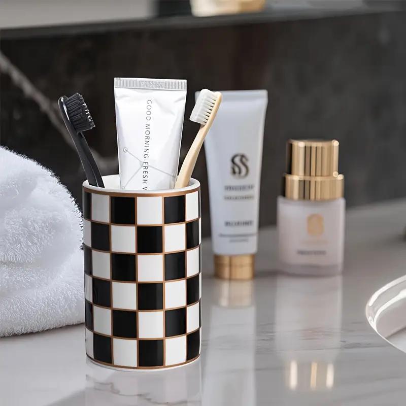Modern Black White Ceramic Toothbrush Holder Grid Bathroom Vanity Organizer for Countertop Storage Decorative Shower Bathroom Essentials