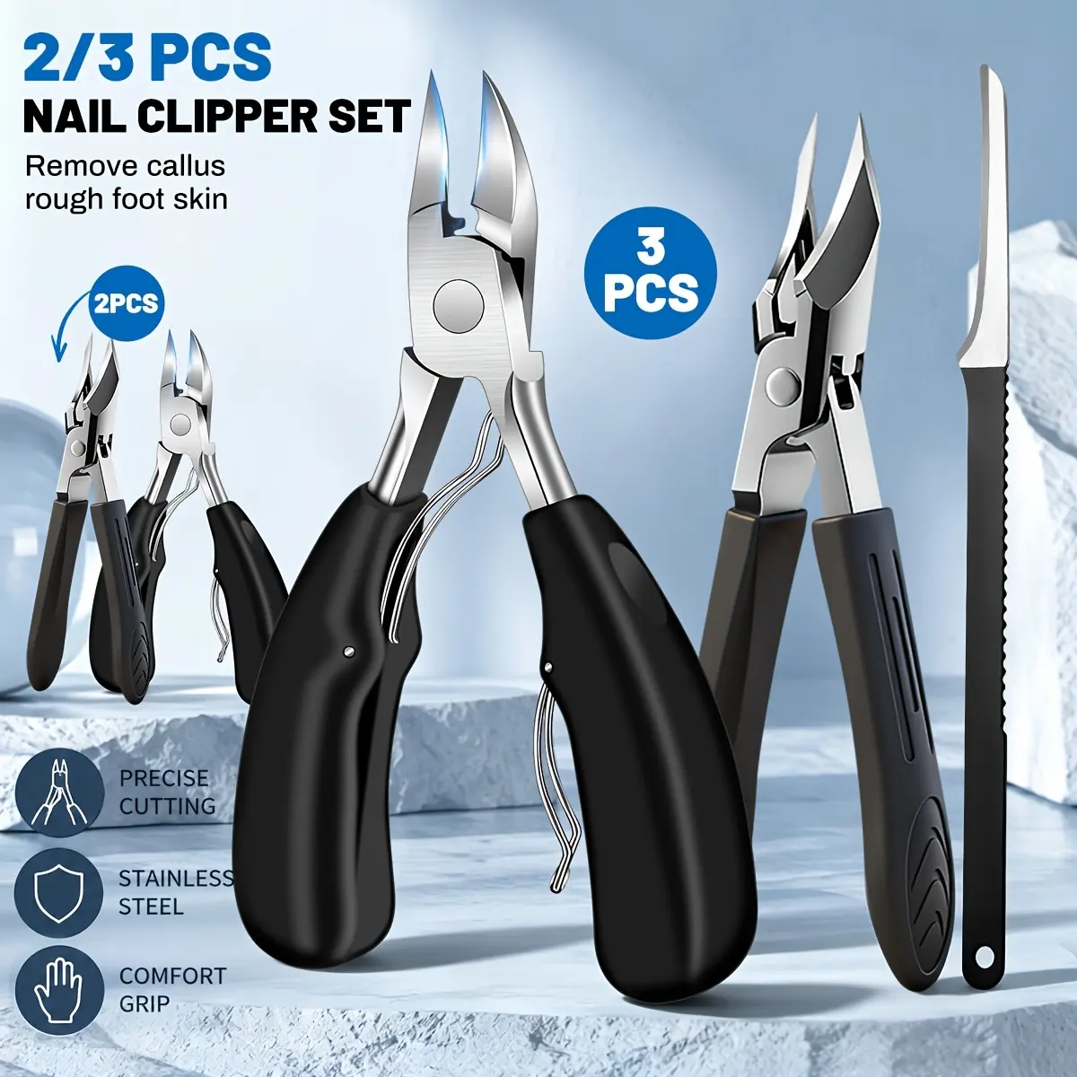 2/3Pcs Black Comfort Grip Ingrown Toenail Pedicure Set Stainless Steel Sharp Nipper Nail File Labor Saving Foot Care Tools For Thick Hard Nails Callus Removal
