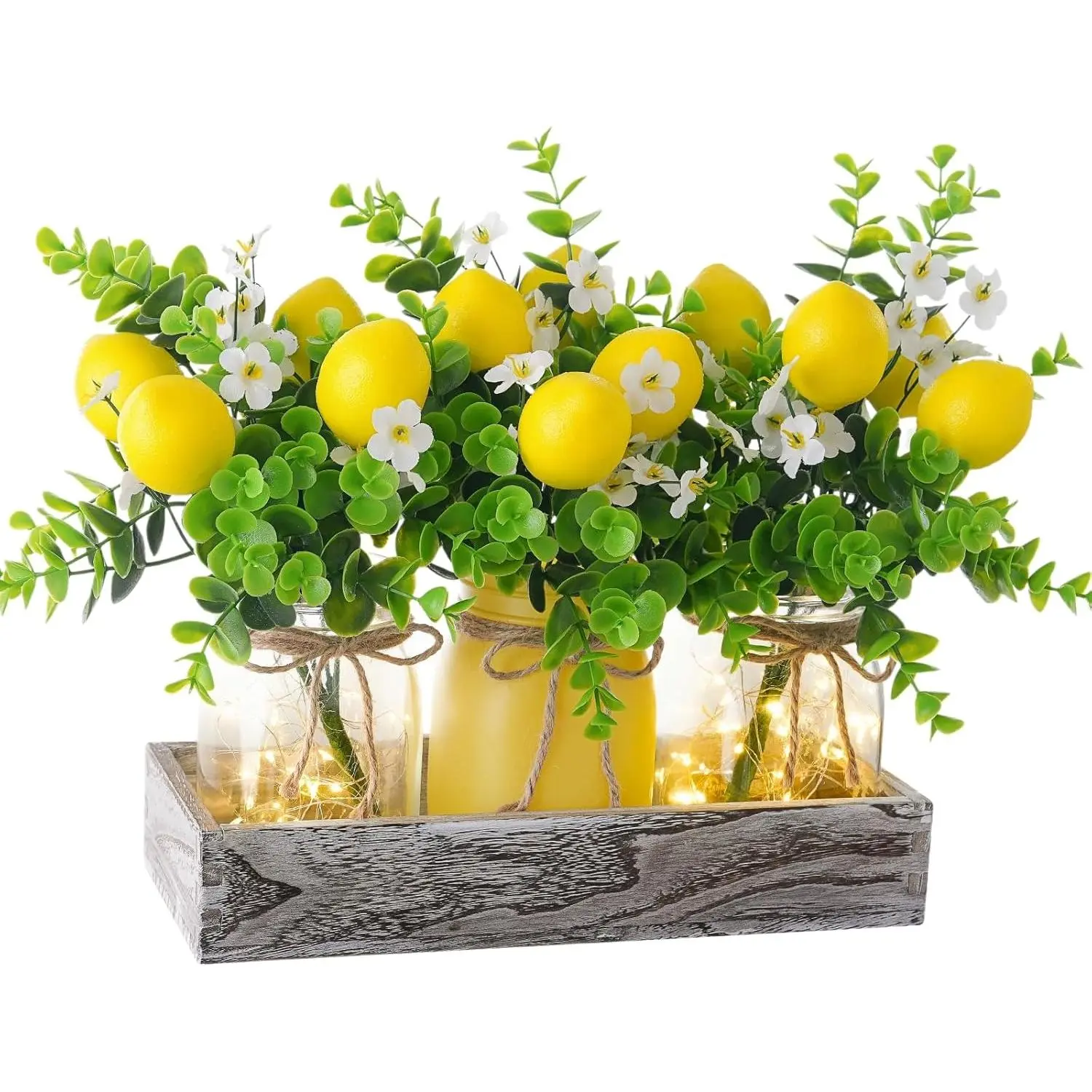 Summer Lemon Mason Jars Centerpiece for Table – Wood Tray with 3 Painted Jars, Dining Table & Coffee Table Decor, Kitchen, Living Room, Spring & Summer Home Decoration with Lemon Accents