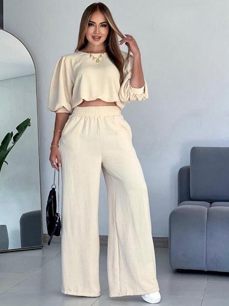 Women's Fashion Outfit, Half-Sleeve Top & Wide-Leg Pants, Casual Style for All Seasons, Women's Clothing Collection