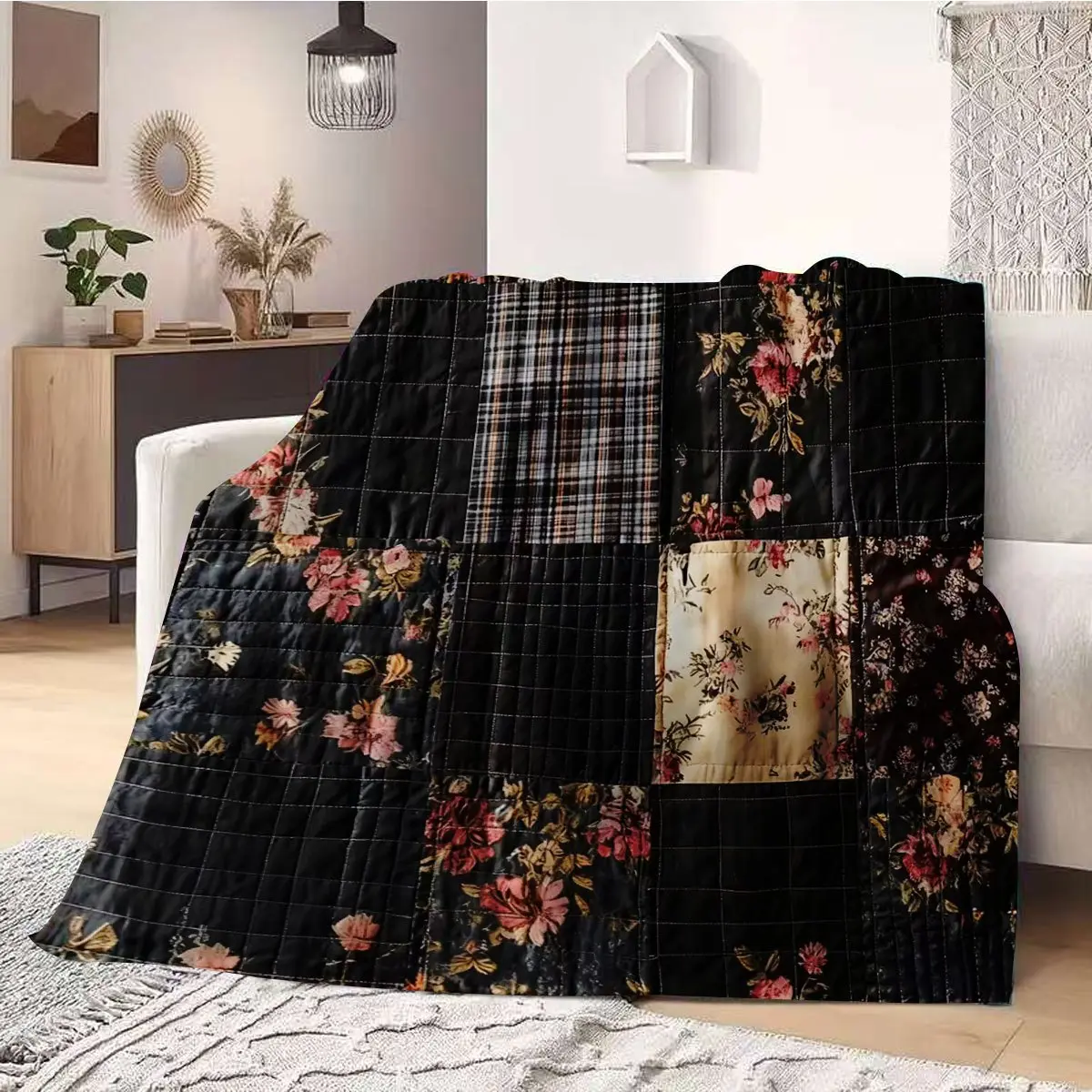 1pc Vintage Style Patchwork Printed Flannel Blanket, American Country Floral Plaid Patchwork Home Blanket, Thickened Warm Sofa Cover Blanket, Bedroom Decorative Blanket, Suitable for Multiple Scenes, Ideal Gift