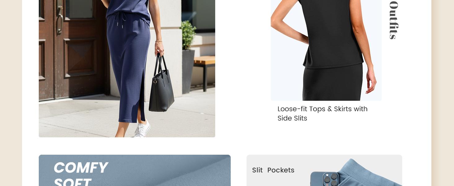 Casly Lamiit Women's Two Piece Sets Summer Outfits Cap Sleeve Top Drawstring Midi Skirts with Pockets Soft Light Fabric Crew Neck Casual Design Available in Multiple Colors 2 piece sets #Springfresh