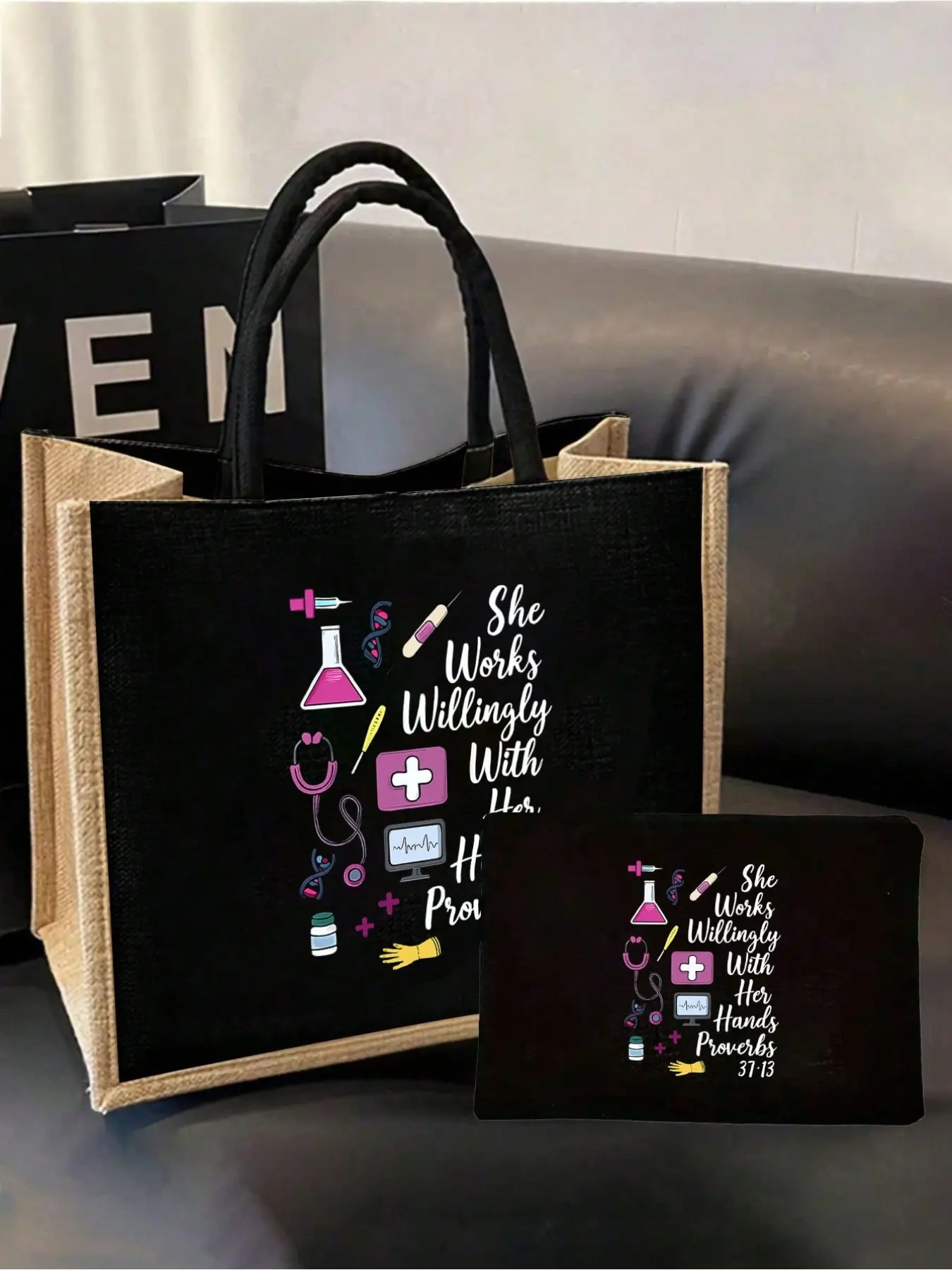 Nurse Themed 2‑Piece Tote & Cosmetic Bag Set, Medical Print Stethoscope Heart Syringe Thermometer, Durable Fabric Fixed Shoulder Strap Reusable Handbag, Appreciation Gift for Nurses Doctors Medical Students, Nurse Week Graduation Back to School Holiday