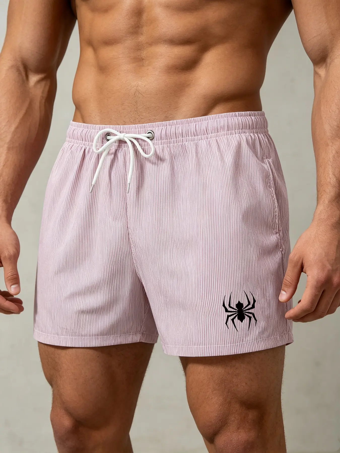 Y2K Streetwear Men's Quick Dry Pinstripe Vertical Stripe Sport Shorts Gothic Spider Graphic Print Drawstring Elastic Waist Summer Daily Casual Beach Swim Trunks