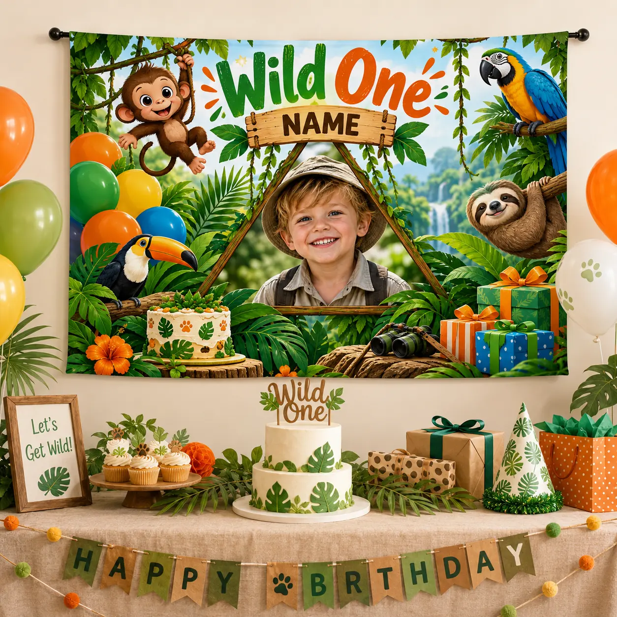 Personalized Wild One Safari Birthday Backdrop with Photo Name, Jungle Animal Party Decoration