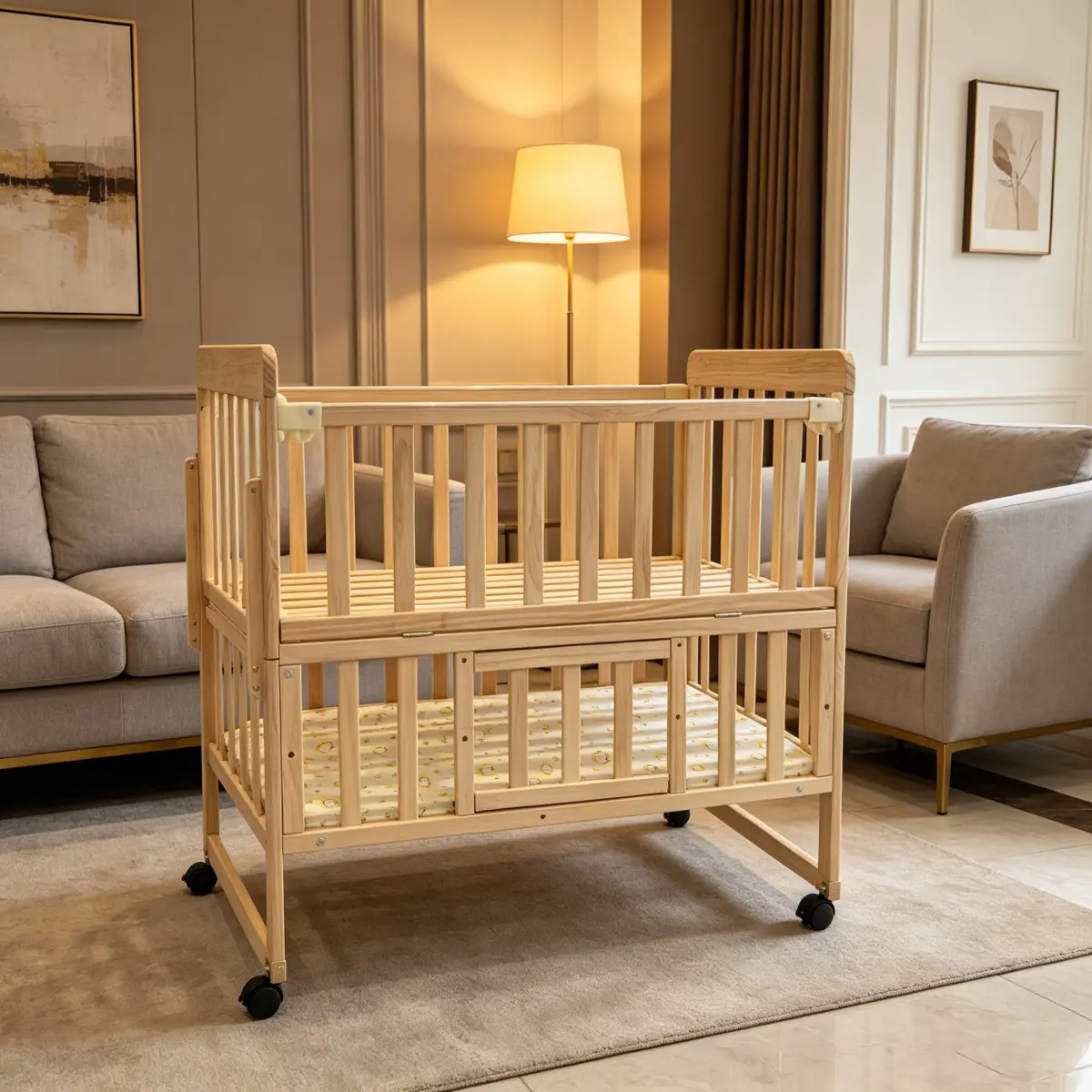 Aobtkel 5-in-1 Convertible Unisex Mini Baby Crib - Solid Wood Bassinet, Portable Bedside Sleeper, Playard, Toddler Bed with Under Storage, Space Saver, New Zealand Pine, for 0-36 Months Newborns Infants, Natural
