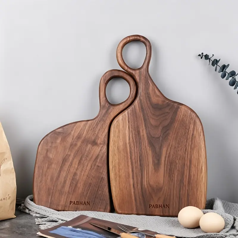 PABHAN Walnut Wood Natural Wooden Chopping Board Set - Double-Sided, Easy-Grip Handle, Grain Texture, Natural Look, Kitchen Essential, Festive Gifting Gift Idea (Meat, Vegetables Prep)