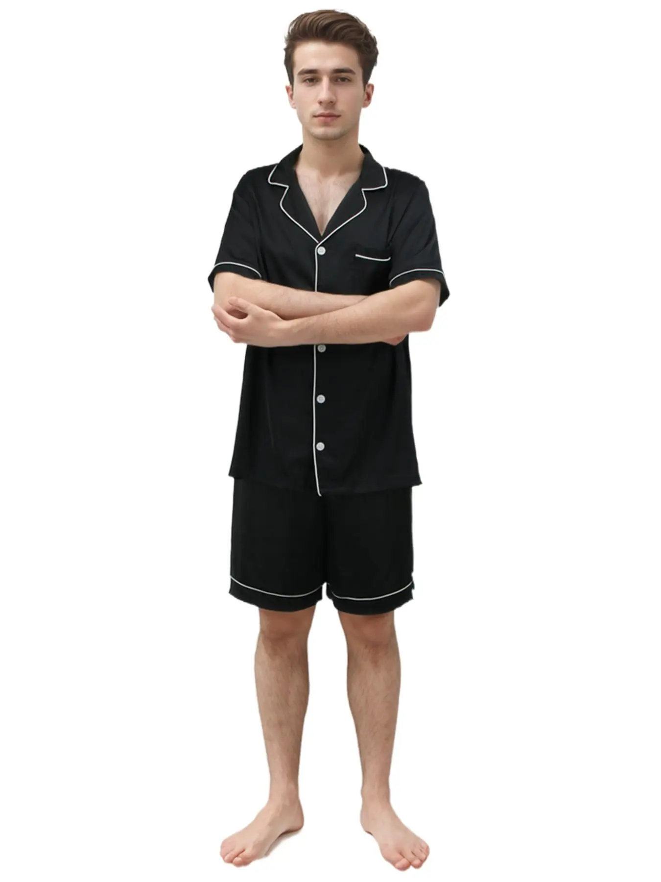 Men's Plain Pajama Set, Short Sleeve and Shorts, Casual Fitted Sleepwear, All Seasons Home Clothing, Comfortable Nightwear