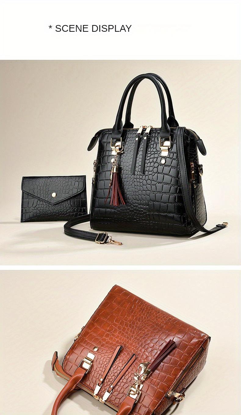 Fashion Crocodile Pattern Women's Handbag 2-piece Set, Women's Shoulder Bag with Tassel Decoration, Metal Cat Pendant Crossbody Bag