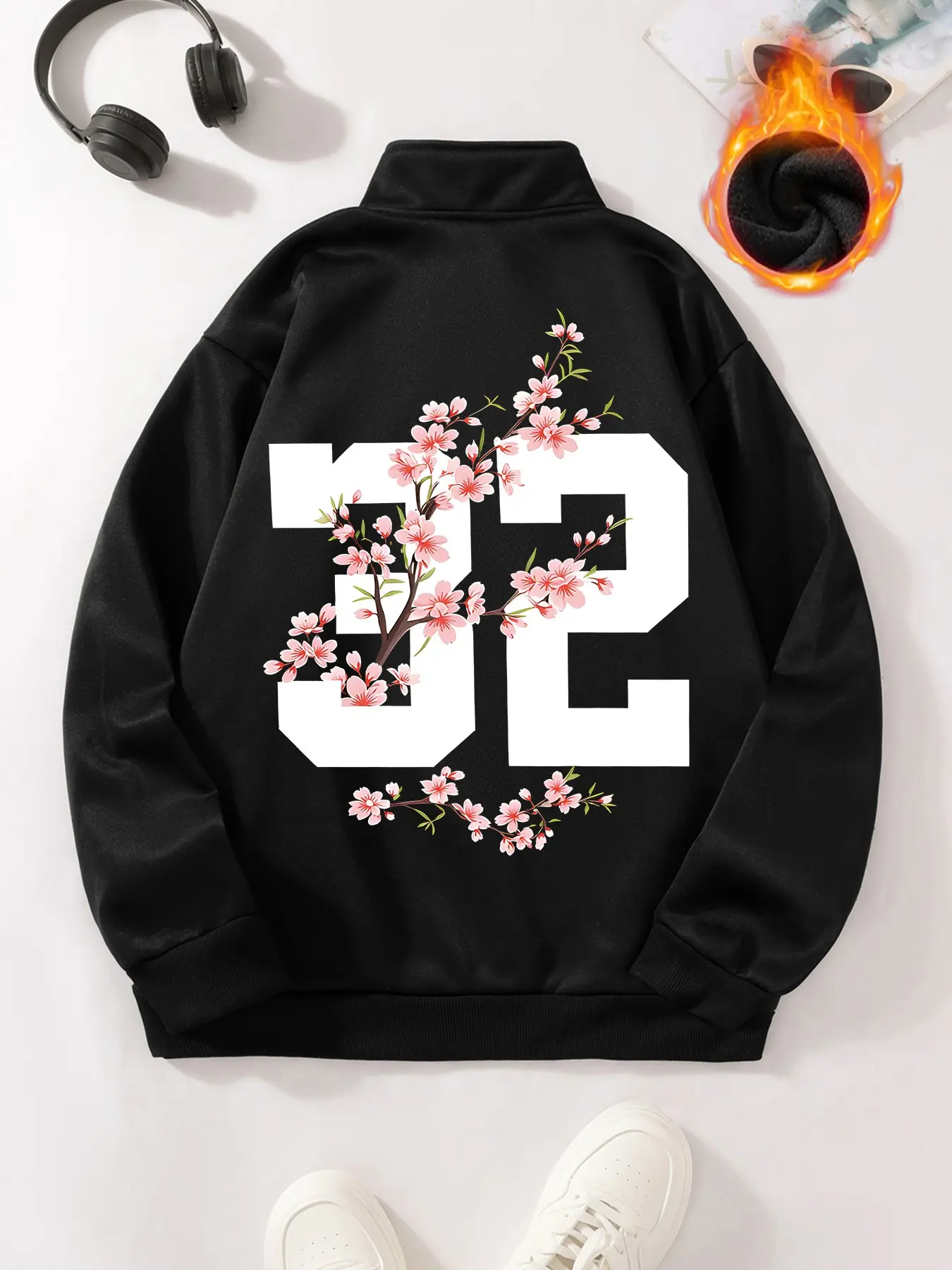 Fleece Lined Stand Collar Zipper Jacket, Back Number 32 Cherry Blossom Print Sports Jacket, Ideal for Young Men Fall Winter Streetwear