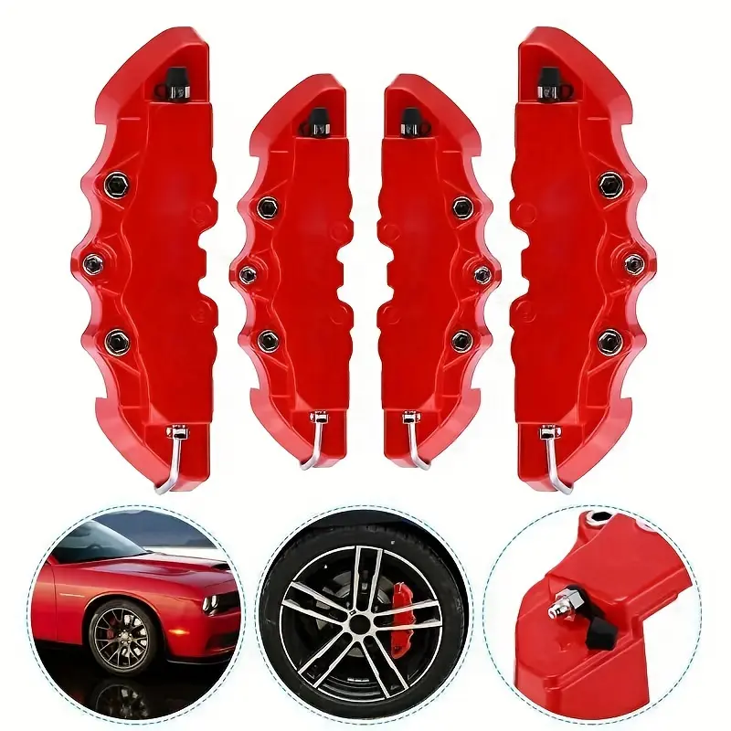 4 Pieces Red 3D Style Front With Rear Car Disc Brake Caliper Cover Universal Brake Caliper Decorative Cover Accessories Parts Kits
