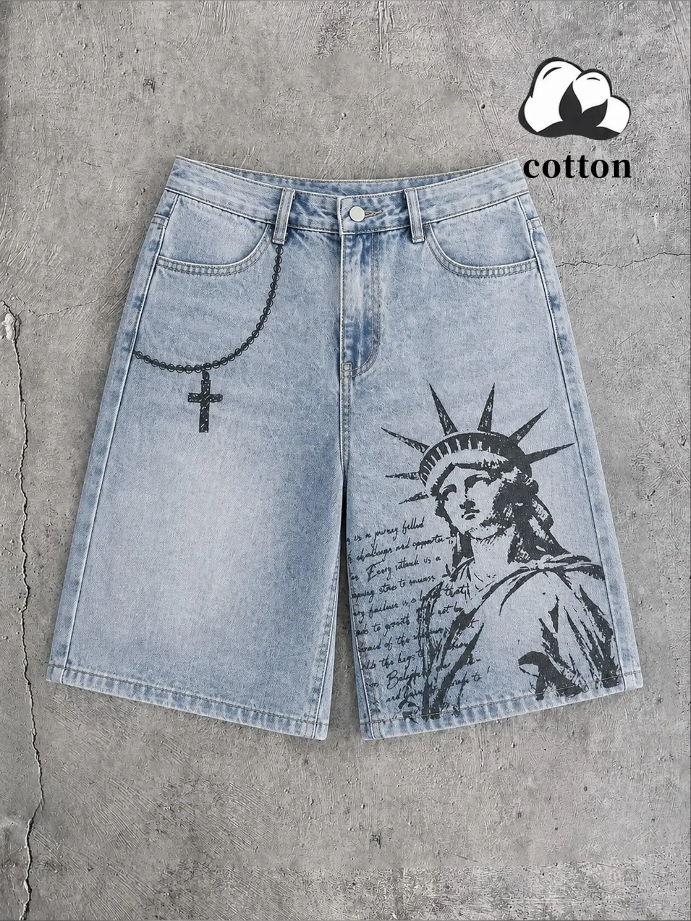 Mid Length Denim Jorts,Statue Of Liberty Cross Letter Print Loose Straight Cut Jean Shorts,Vintage Washed Denim Shorts,Y2K Gothic Streetwear Casual Half Pants For Men Trendy Summer Daily Hip Hop Street Outfit