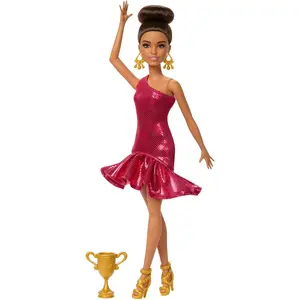 Barbie Ballroom Dancer Fashion Doll with Red Ruffle Dress, Dancing Shoes & Brown Styled Hair, Dancing Trophy Accessory