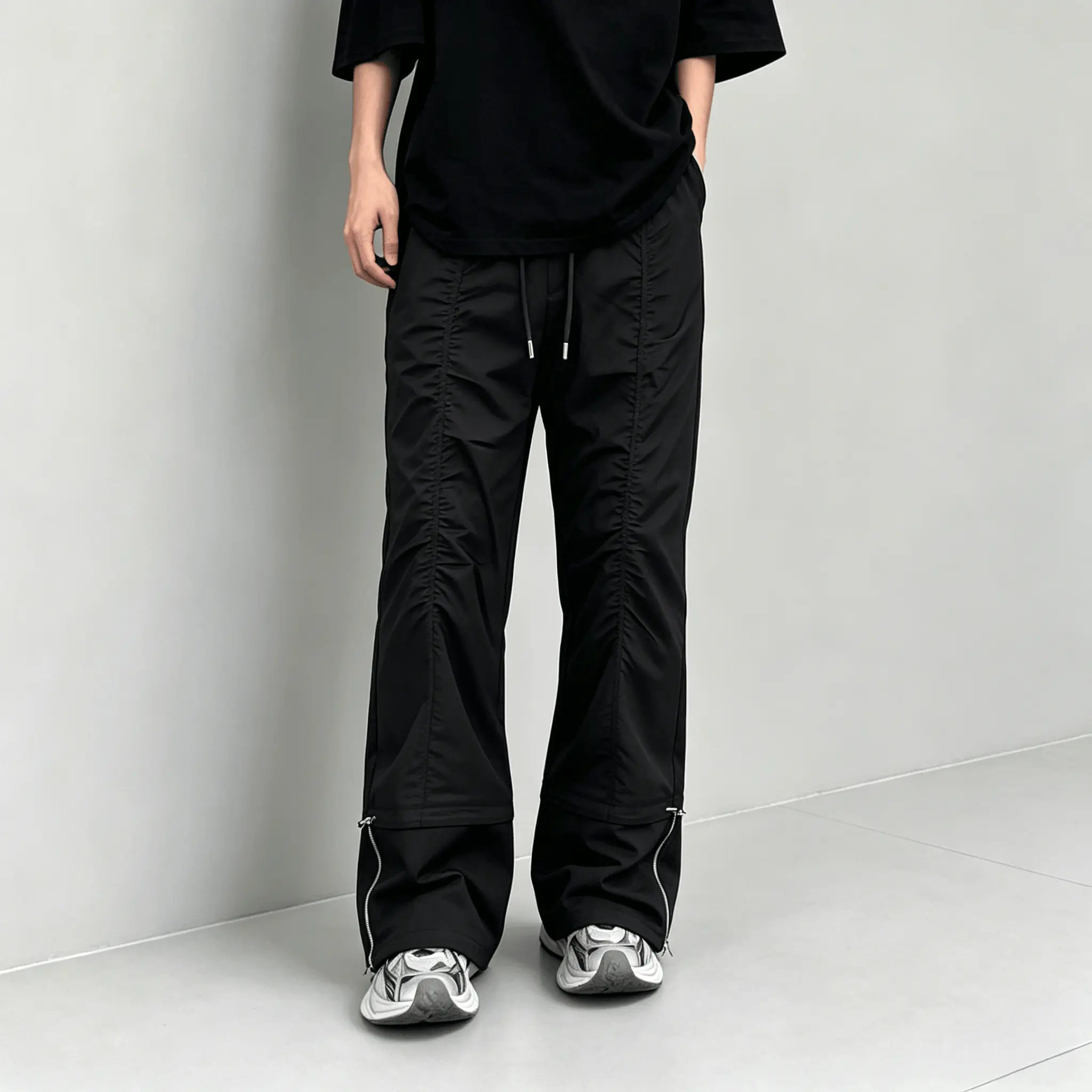 Men Black Adjustable Flare Wide Leg Pants, Elastic Drawstring Waist, Ruched Side Seams & Convertible Drawstring Cuffs, Soft Street Trousers for Teen Boys & Young Men Alt Hip Hop Daily Outfits Baggy Sweatpants Loose Fit Men's Thermal Hiking Snowpants