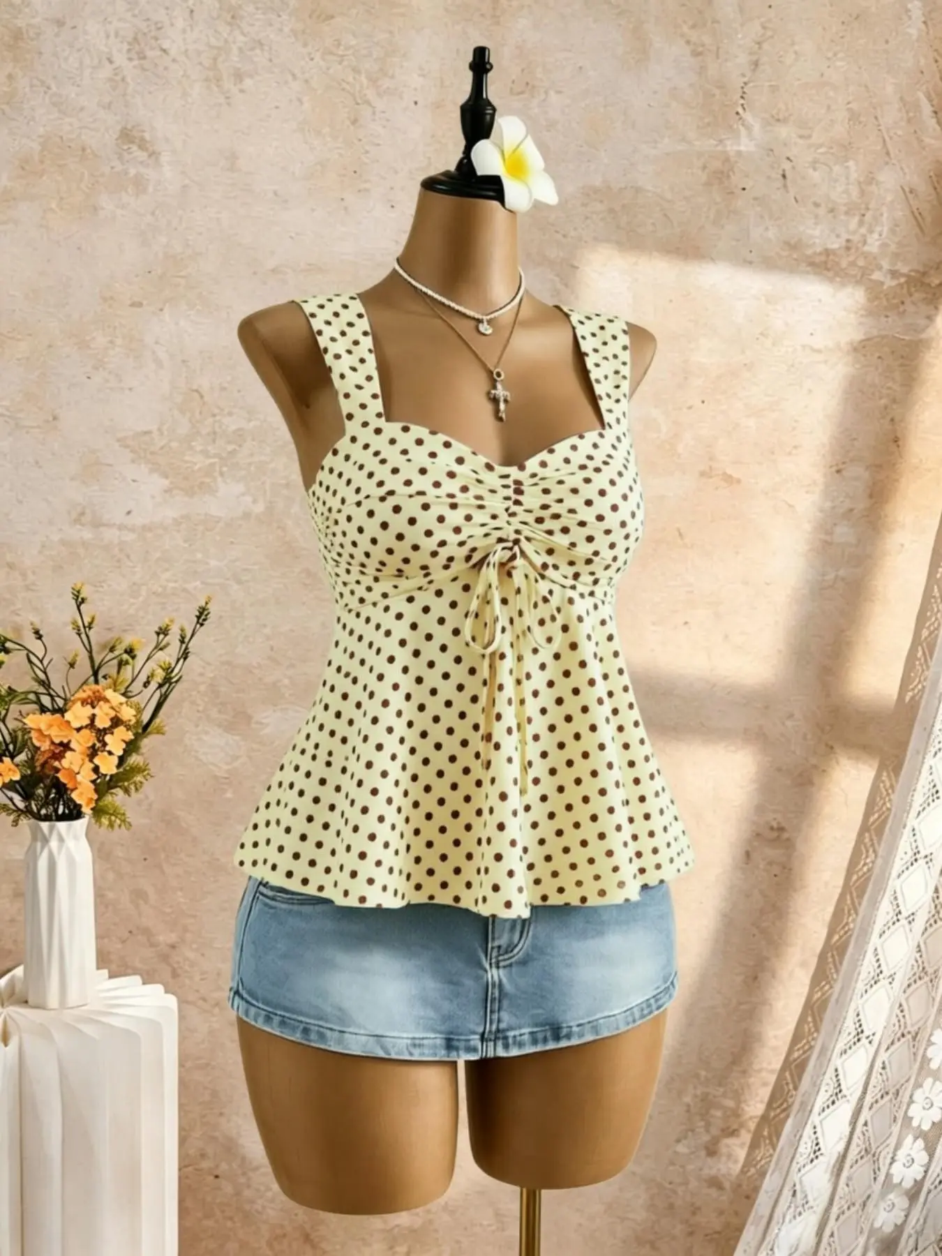 Women's Ruched Adjustable Drawstring Halter Top, Sweet Heart Shape Wide Straps, Flowy Ruffle Short Sleeve, Vintage Summer Y2K Beachwear