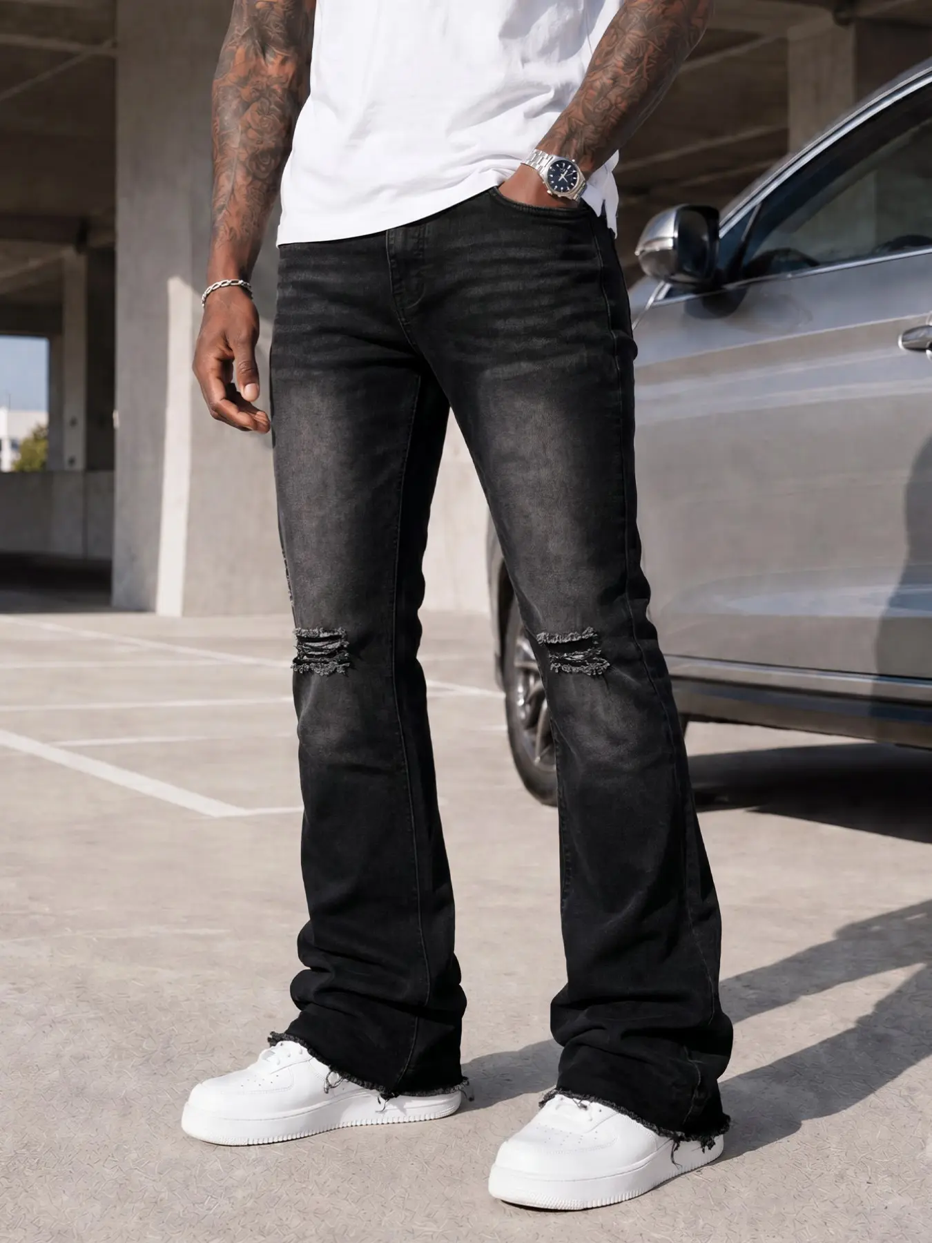Men's All-Season Black Bootcut Flare Leg Jeans, Slight Stretch Distressed Slim Fit Flared Denim Pants, Casual Streetwear Jeans, Classic
