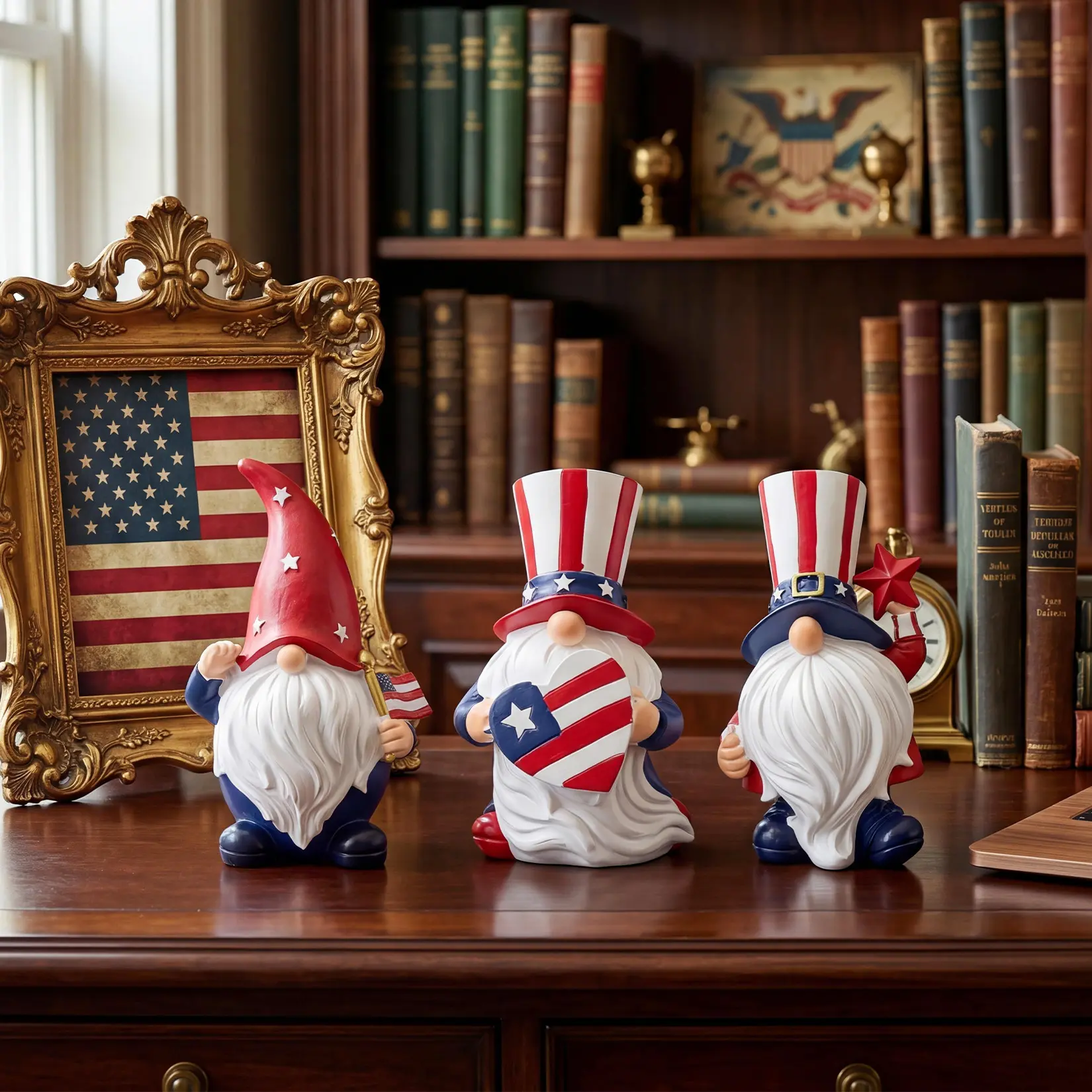 Patriotic Gnome Figurines Set of 3 – Hand-Painted Resin Dwarf Statues – American Flag Theme – Red White Blue Holiday Decor for 4th of July, Memorial Day, Labor Day – Festive Shelf and Table Accents