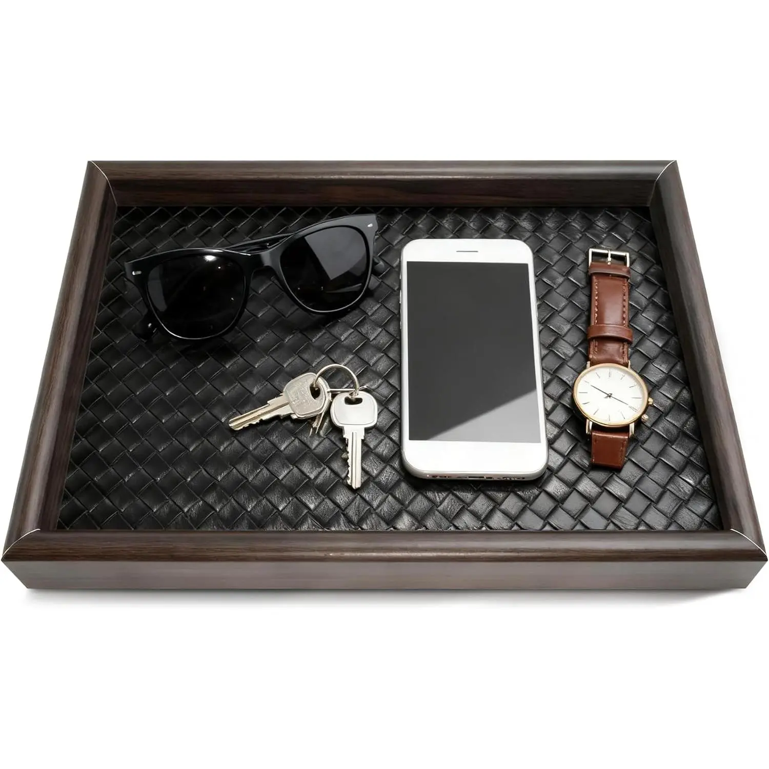Wooden Valet Tray Desk Organizer with Leather Base,Nightstand, Entryway Bedside Dump Holder for Wallets, Keys, Watches, Jewelry & Sunglasses