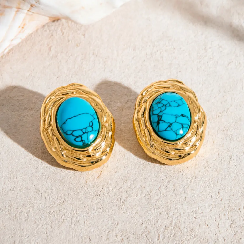 Oval Turquoise Stud Earrings for Women, Vintage Western Gold Stainless Steel with a Wavy Textured Frame, Anti-Tarnish Jewelry, Women's Fashion, Casual, Oval Shape