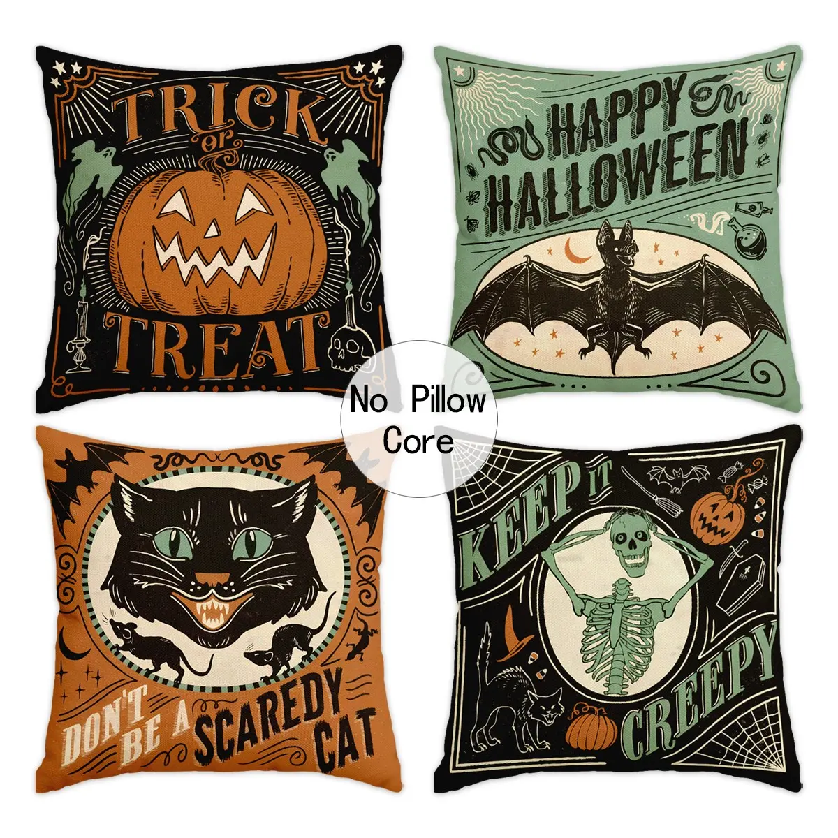 4pcs Happy Halloween Pillow Cover Couch Cushion Covers, Pumpkin Bat, Black Cat Skull, Trick or Treat Single sided Printed, Bedroom Decorative Accessories, Suitable for Bedroom, Living Room, Sofa, Bed, Car Decoration, Halloween Decoration (No Pillow Core)