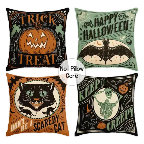 4-Piece Halloween-Themed Cushion Cover Set, Creative Cat, Pumpkin, Bat, and Skeleton Throw Pillow Covers, Pillow Inserts Not Included, Decorative Accessories for Living Room Sofas, Bedrooms, and Home Decor