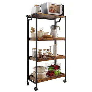 Slim Folding Storage Trolley, 4 Levels Kitchen Trolley with Wheels, Sturdy Wood and Metal, Mobile Shelf for Kitchen, Bathroom and Laundry Room