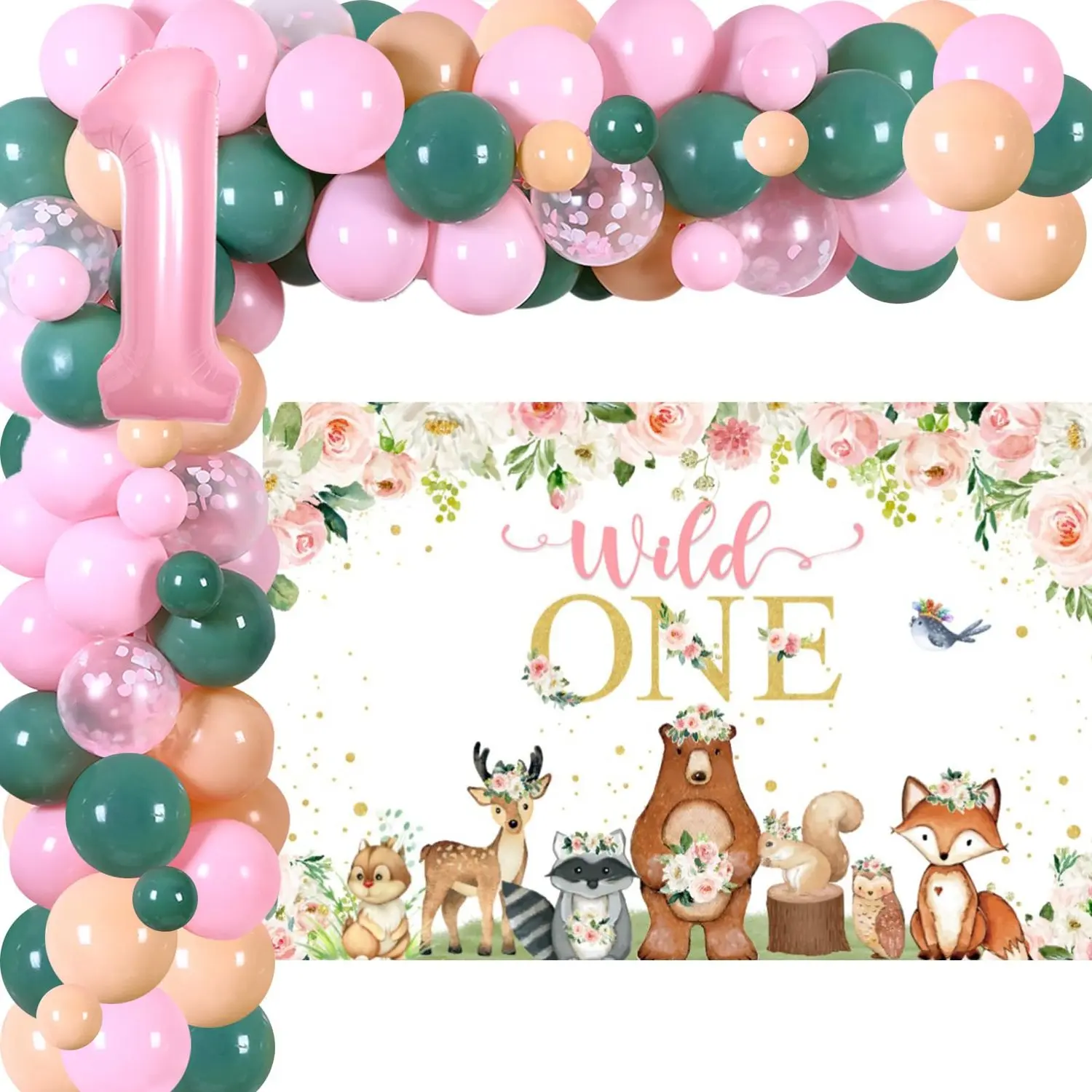 1Set Woodland 1anniversary birthday decorations Wild One Balloon Garland Arch Kit with Backdrop for Forest Animals Woodland Creatures First Party Supplies