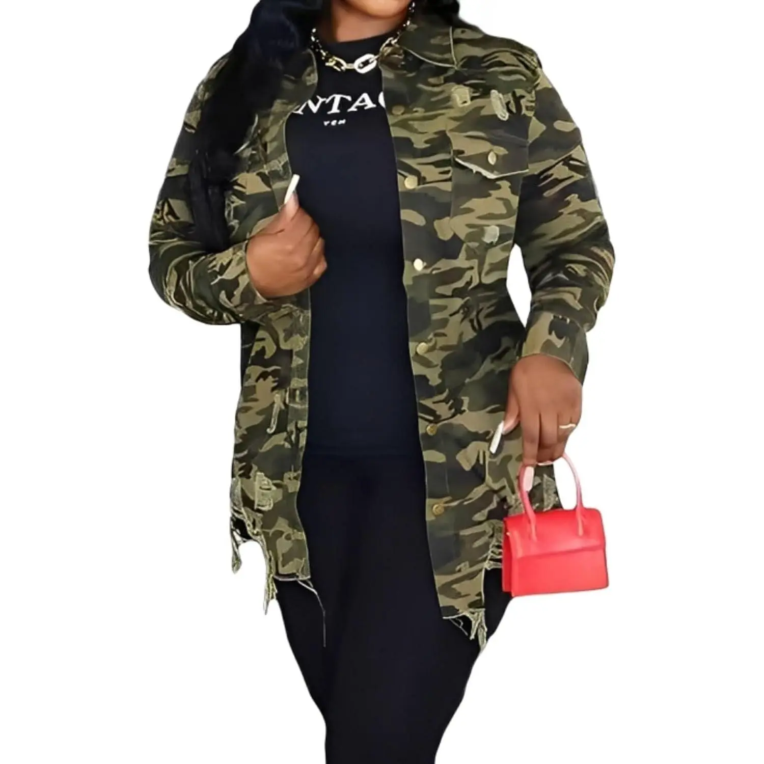 Camo Jacket for Women Long Sleeve Button Down Army Fatigue Camouflage Denim Outwear Coat with Pockets, Casual Blouse Shirts Long Sleeve Collared Top for Daily Wear, Blouses Shirts Tops, Ladies Clothes for All Seasons, Womenswear, Camouflage Print Shirt