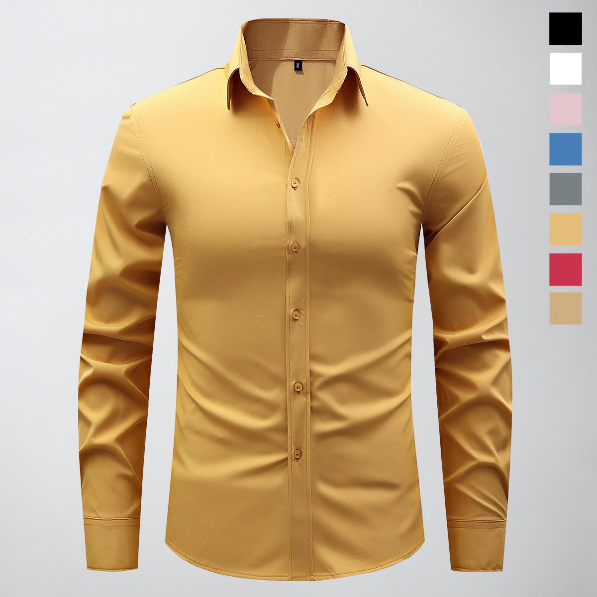 Non-stretch men’s slim-fit long-sleeve shirt; casual button-front dress shirt suitable for semi-formal and business-casual occasions; men’s formal inner layer; solid-color pointed-collar button-front long-sleeve shirt; menswear