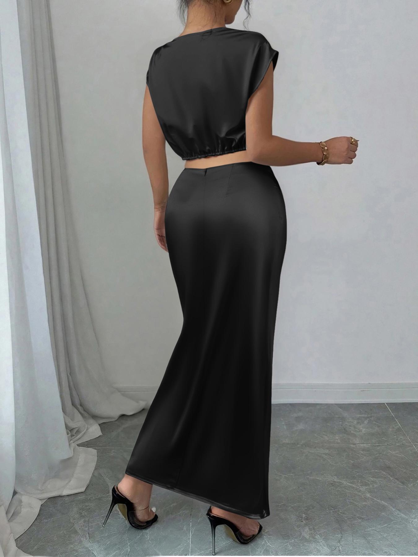 Women's Solid Asymmetrical Neck Top & Mermaid Skirt Satin Two-piece Set, Chic Elegant Fashion Casual Top & Skirt for Daily Outdoor Wear, Women's Clothing for All Seasons, Womenswear