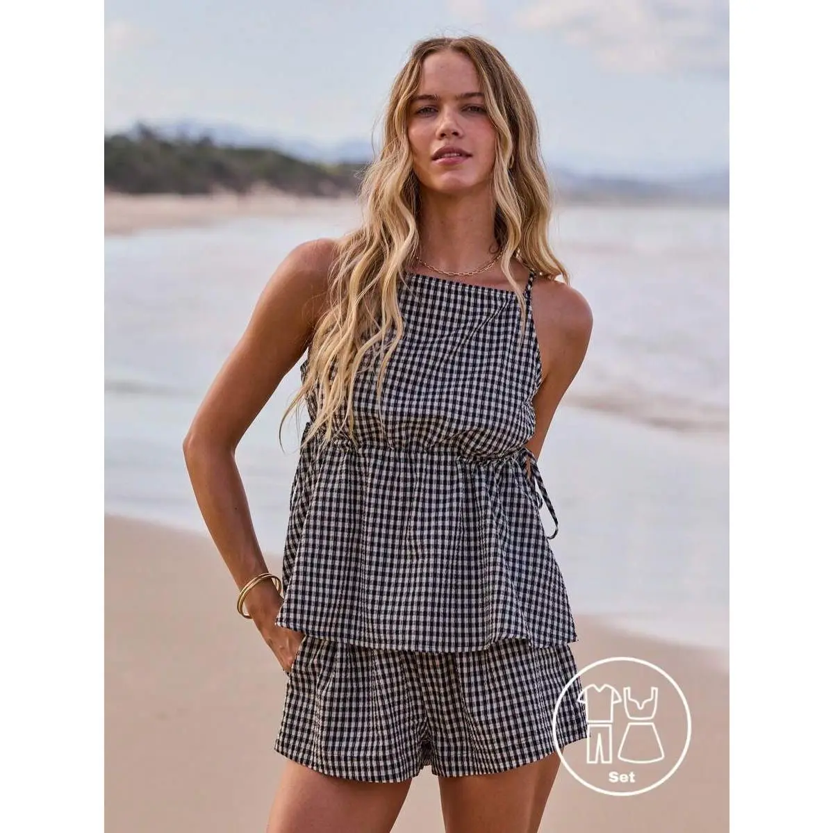 Women's 2Pc Yarn Dyed Black And White Checkered Ruffle Top And Short Two Pieces Set,Cute Casual Holiday Vacation Stockholm Style Outfits