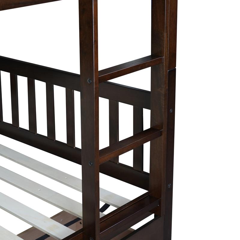 full Over full Rubber Wood Bunk Bed with 2 Drawers, Convertible into 2 full Beds, full Size Bunk Bed with Ladder and Safety Guardrails ,Espresso