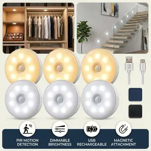 3/4/5/6pcs Smart Motion Sensor Night Light Indoor, 8 LEDs Wireless Sensor Light with Magnetic Base, USB Rechargeable Automatic Lighting, 3 Lighting Modes & Adjustable Brightness, Auto Under-cabinet Lights for Wardrobe Stair Closet Hallway