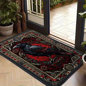 Gothic Raven Door Mat Vintage Crow Welcome Doormat Non Slip Entrance Rug Retro Black Bird Red Floral Carpet Halloween Home Decor Inside Outside Porch Foot Mat 40x60cm